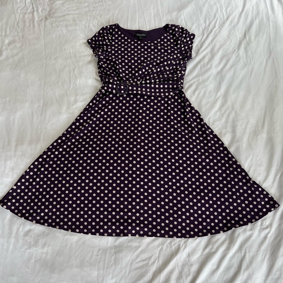 Purple Flare Dress with Cream Polka Dots, Ruche Style Belt Sz Small (runs large) - Picture 4 of 8